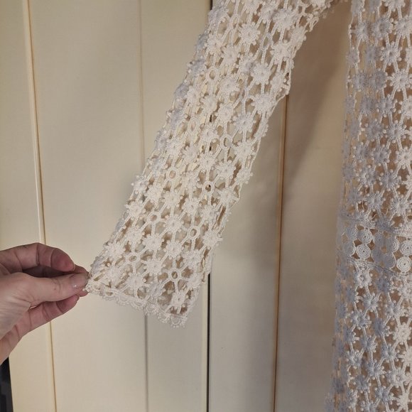 Women's Crochet Cardigan Cream Coverup Tunic Length Tie Front - Picture 4 of 10